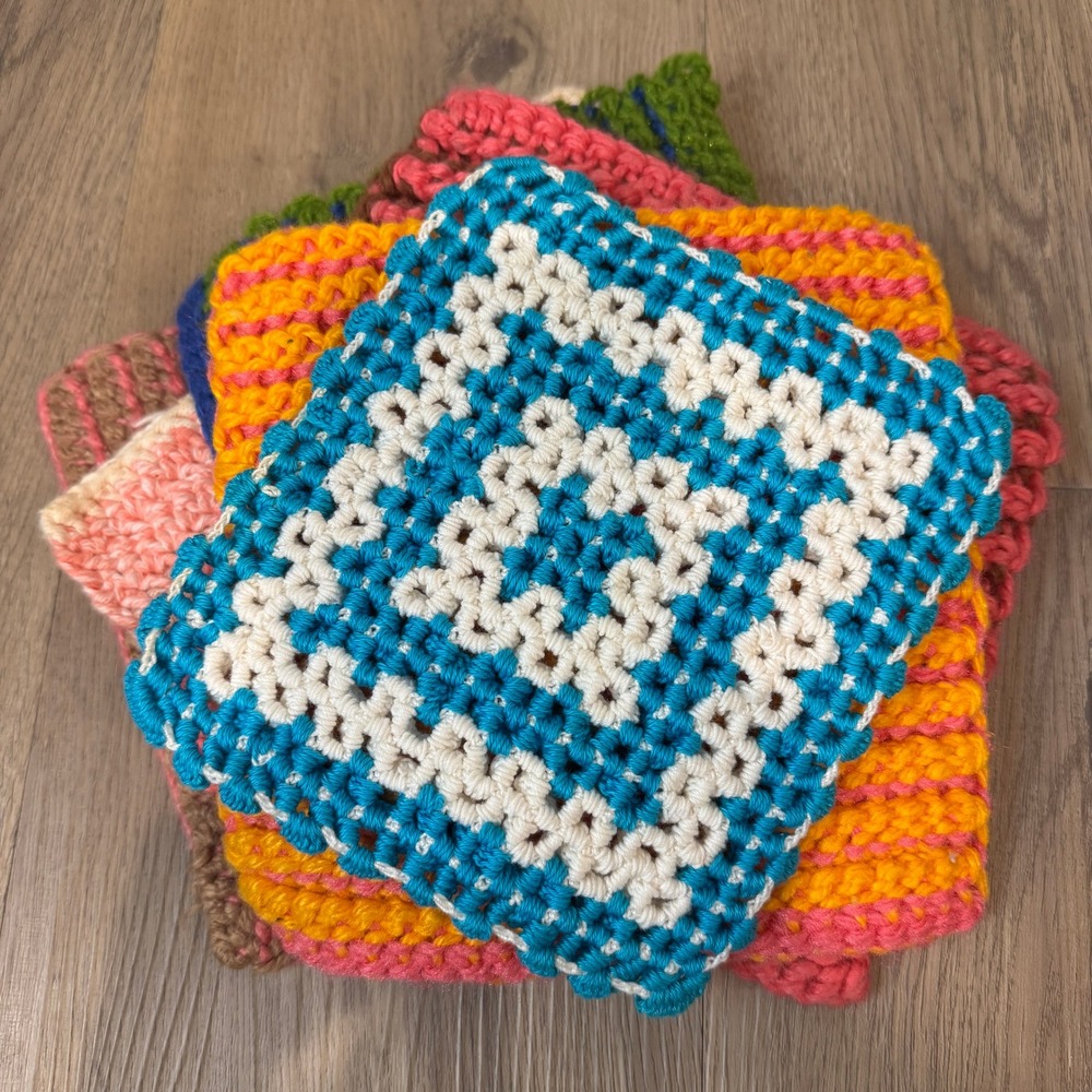 Handmade Crochet Potholders Set of 6 Multi Color Striped Square Hot Pads 7x7